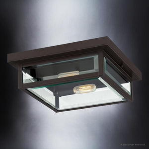 A beautiful UQL1636 Modern Farmhouse Outdoor Ceiling 4''H x 12''W light fixture with a glass shade by Urban Ambiance.