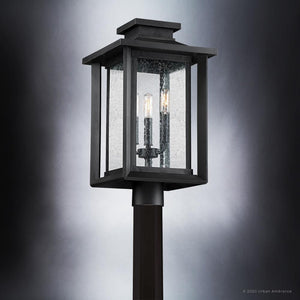 The Urban Ambiance UQL1640 Craftsman Outdoor Post Light (19.25''H x 10.75''W) from the Peacehaven Collection pairs marine-grade natural black finish with clear seeded glass for vintage charm on your exterior posts.
