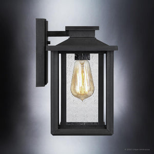 The Urban Ambiance UQL1642 Craftsman Outdoor Wall Sconce (11''H x 6.75''W), from the Peacehaven Collection, features a natural black finish, marine-grade construction, and clear glass panels for a vintage-inspired look.