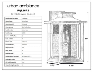 The Urban Ambiance UQL1643 Craftsman Outdoor Wall Sconce, 14''H x 8.75''W from the Peacehaven Collection, features a natural black marine-grade finish and is shown with product specs and dimensions.