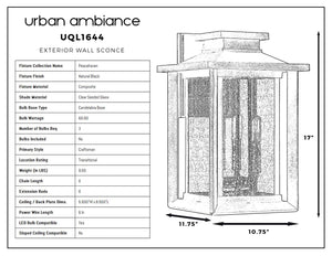 Urban Ambiance UQL1644 Craftsman Outdoor Wall Sconce from the Peacehaven Collection features a marine-grade natural black finish, vintage look, clear seeded glass, and candelabra base. Measures 17