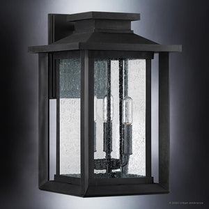 The Urban Ambiance UQL1644 Craftsman Outdoor Wall Sconce, 17''H x 10.75''W in a natural black finish, features marine-grade construction—an elegant pick from the Peacehaven Collection for vintage-style outdoor lighting.
