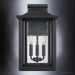 The Urban Ambiance UQL1644 Craftsman 17''H x 10.75''W Outdoor Wall Sconce from the Peacehaven Collection features a natural black finish and marine-grade build—perfect for those seeking stylish, durable outdoor lighting.