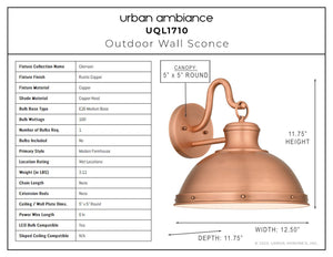Urban Ambiance - Wall Sconce - UQL1710 Modern Farmhouse Outdoor Wall Sconce, 12''H x 13''W, Rustic Copper Finish, Clemson Collection -