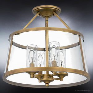 Four UQL3650 Traditional Ceiling 14.5''H x 16''W, Rustic Brass Finish, Guildford Collection semi-flush mount in brass with clear glass by Urban Ambiance