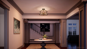 A gorgeous 3D rendering of a luxury Urban Ambiance UQL3650 Traditional Ceiling 14.5''H x 16''W, Rustic Brass Finish, Guildford Collection hallway with