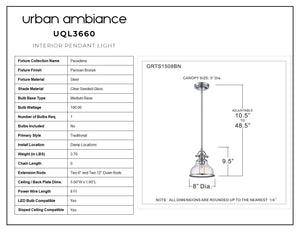 A diagram showing the dimensions of the unique UQL3660 Traditional Pendant 9.5''H x 8''W, Parisian Bronze Finish, Pasadena Collection pendant light by Urban Amb