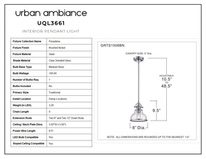 A diagram showing the dimensions of a beautiful UQL3661 Traditional Pendant 9.5''H x 8''W, Brushed Nickel Finish, Pasadena Collection pendant light by Urban Ambiance.