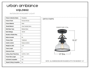 A beautiful image of a UQL3662 Traditional Ceiling 10.5''H x 8''W, Parisian Bronze Finish, Pasadena Collection light fixture with a glass shade by Urban Ambiance