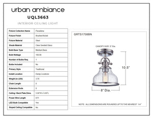 An image of a beautiful UQL3663 Traditional Ceiling 10.5''H x 8''W, Brushed Nickel Finish, Pasadena Collection ceiling light with a glass shade by Urban Ambiance