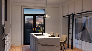 A rendering of a kitchen with a gorgeous lighting fixture, Urban Ambiance UQL3665 Traditional Pendant 10.75''H x 13.5''W, Brushed Nickel Finish, Pasadena