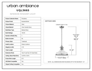 Urban Ambiance UQL3665 Traditional Pendant 10.75''H x 13.5''W, Brushed Nickel Finish, Pasadena Collection beautiful pendant light.