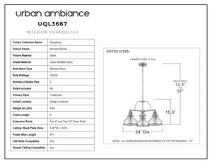 A diagram showing the dimensions of a Gorgeous Urban Ambiance UQL3667 Traditional Chandelier 15.5''H x 24''W, Brushed Nickel Finish, Pasadena Collection.