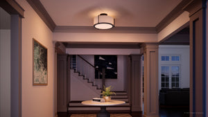 A 3d rendering of a beautiful UQL3770 Minimalist Ceiling 10.5''H x 17.5''W, Estate Bronze Finish, Winchester Collection hallway with stairs