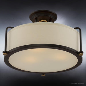 A Unique UQL3770 Winchester Collection semi-flush lighting fixture with a gorgeous Estate Bronze finish and white shade.