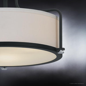 A UQL3771 Minimalist Ceiling 10.5''H x 17.5''W light fixture with a white shade from Urban Ambiance.