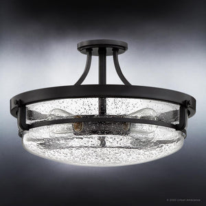 A unique Urban Ambiance UQL3782 Coastal Ceiling 12''H x 19''W, Parisian Bronze Finish, Andover Collection semi-flush mount with frosted glass.