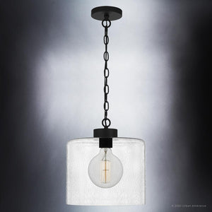 An UQL3791 Modern Farmhouse Pendant, 13.25''H x 12''W, Matte Black Finish, Bideford Collection by Urban Ambiance with a glass shade is a