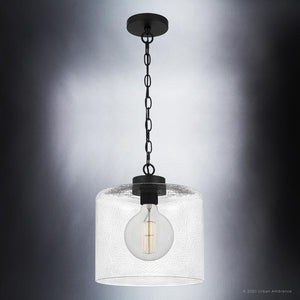 A gorgeous Urban Ambiance pendant light with a clear glass shade, UQL3791 Modern Farmhouse Pendant 13.25''H x 12''W, Matte Black Finish, Bideford