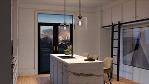 A rendering of a kitchen with a gorgeous Urban Ambiance UQL3791 Modern Farmhouse Pendant 13.25''H x 12''W, Matte Black Finish, Bideford