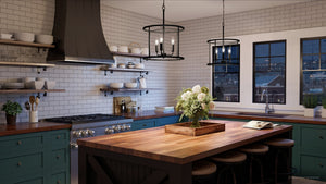 An image of a kitchen with wooden counter tops and green cabinets featuring the unique UQL3794 Modern Farmhouse Chandelier 18''H x 14''W, Matte Black Finish from the B