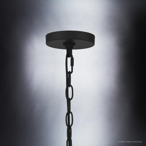 An UQL3794 Modern Farmhouse Chandelier 18''H x 14''W, Matte Black Finish, Bideford Collection with a chain hanging from it that is both luxurious and gorgeous