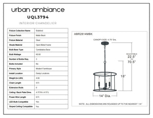 Urban Ambiance - UQL3794 Modern Farmhouse Chandelier 18''H x 14''W, Matte Black Finish, Bideford Collection - lamp.