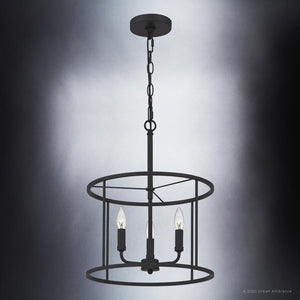 A luxurious UQL3794 Modern Farmhouse Chandelier 18''H x 14''W, with a unique Matte Black Finish, from the Bideford Collection by Urban Ambiance showcasing three