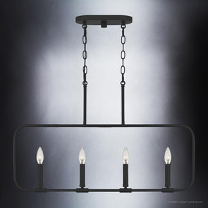 An UQL3797 Modern Farmhouse Chandelier 19.75''H x 32''W, Matte Black Finish, Bideford Collection by Urban Ambiance pendant light with four candles hanging
