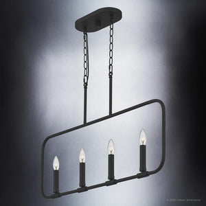 A beautiful Modern Farmhouse Chandelier 19.75''H x 32''W with three candles hanging from it.