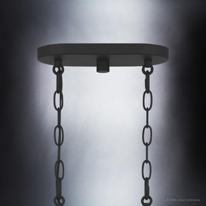 A unique UQL3797 Modern Farmhouse Chandelier, featuring a luxury lighting fixture with chains, in a Matte Black Finish from the Bideford Collection by Urban Ambiance.