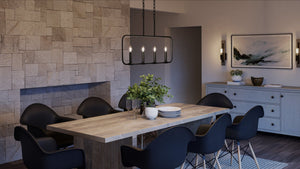 A dining room with a gorgeous and unique Urban Ambiance UQL3797 Modern Farmhouse Chandelier 19.75''H x 32''W, Matte Black Finish, Bideford Collection