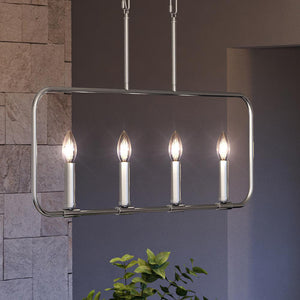 A beautiful Urban Ambiance UQL3798 Modern Farmhouse Chandelier 19.75''H x 32''W, Polished Chrome Finish, Bideford Collection with four candles hanging from