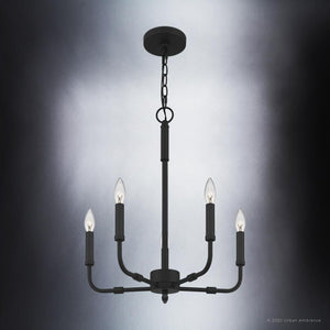 A beautiful Urban Ambiance black chandelier with three candle lights, the UQL3800 Modern Farmhouse Chandelier 21.25''H x 18''W, Matte Black Finish, B