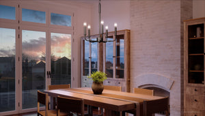 A dining room with a beautiful UQL3800 Modern Farmhouse Chandelier 21.25''H x 18''W, Matte Black Finish, Bideford Collection by Urban Ambiance lighting