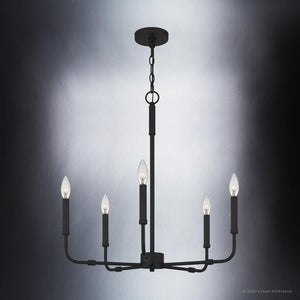 An UQL3803 Modern Farmhouse Chandelier 25.25''H x 24''W, Matte Black Finish, from the Bideford Collection by Urban Ambiance with four unique candle