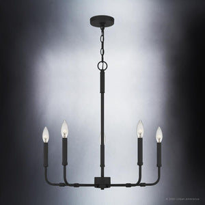 A beautiful and unique UQL3803 Modern Farmhouse Chandelier with four candle lights, Matte Black Finish, Bideford Collection by Urban Ambiance.
