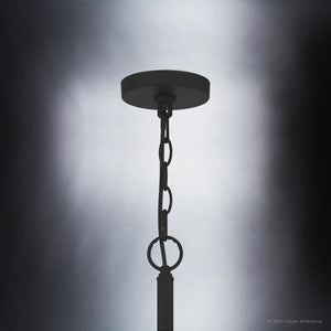 A beautiful UQL3803 Modern Farmhouse Chandelier 25.25''H x 24''W with a unique matte black finish and a chain hanging from it.