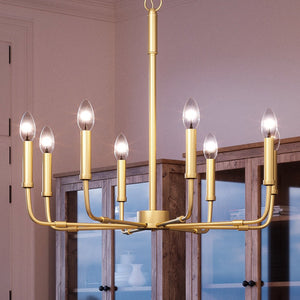 An Urban Ambiance UQL3805 Modern Farmhouse Chandelier 26''H x 28''W, Olde Brass Finish, Bideford Collection hanging beautifully in a dining room.