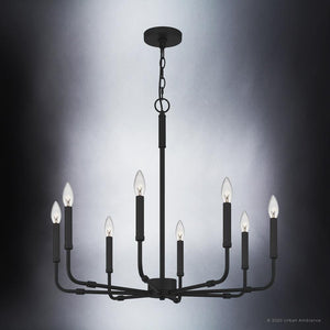 An Urban Ambiance UQL3806 Modern Farmhouse Chandelier 26''H x 28''W, Matte Black Finish, Bideford Collection with beautiful candle lights.