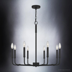 A luxury Urban Ambiance UQL3806 Modern Farmhouse Chandelier 26''H x 28''W with a beautiful Matte Black Finish, Bideford Collection featuring six candle lights