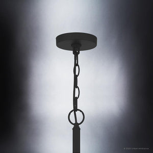 A unique luxury chandelier, UQL3806 Modern Farmhouse 26''H x 28''W, boasts a matte black finish and is part of the Bideford Collection by Urban Amb