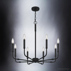A unique modern farmhouse chandelier with a matte black finish, part of the luxury Bideford Collection, featuring six candle lights.