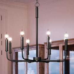 A unique Urban Ambiance UQL3806 Modern Farmhouse Chandelier, a luxury lighting fixture, hanging in a dining room
