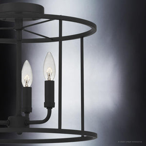 Three unique UQL3809 Modern Farmhouse lighting fixtures in a black metal cage.