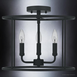 Three gorgeous Urban Ambiance UQL3809 Modern Farmhouse Ceiling 11.75''H x 14''W, Matte Black Finish, Bideford Collection light fixtures in a black metal cage