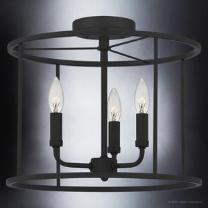 A beautiful UQL3809 Modern Farmhouse Ceiling 11.75''H x 14''W, Matte Black Finish, Bideford Collection ceiling fixture with three candles made by Urban