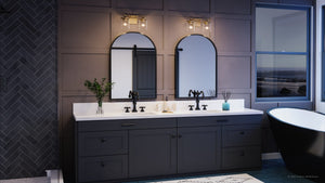 A gorgeous bathroom with two UQL3811 Modern Farmhouse Bath Fixtures 7.75''H x 14''W, Olde Brass Finish, Bideford Collection from the brand Urban