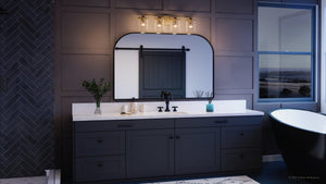 A unique bathroom with a UQL3817 Modern Farmhouse Bath Fixture 7.75''H x 28''W, Olde Brass Finish, Bideford Collection tub, sink and mirror