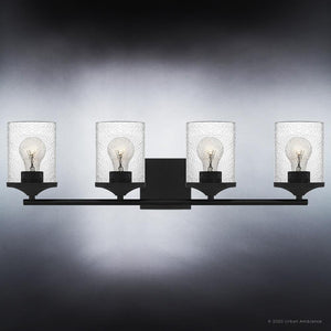 A unique Modern Farmhouse Bath Fixture with four UQL3818 lights and a Matte Black Finish.